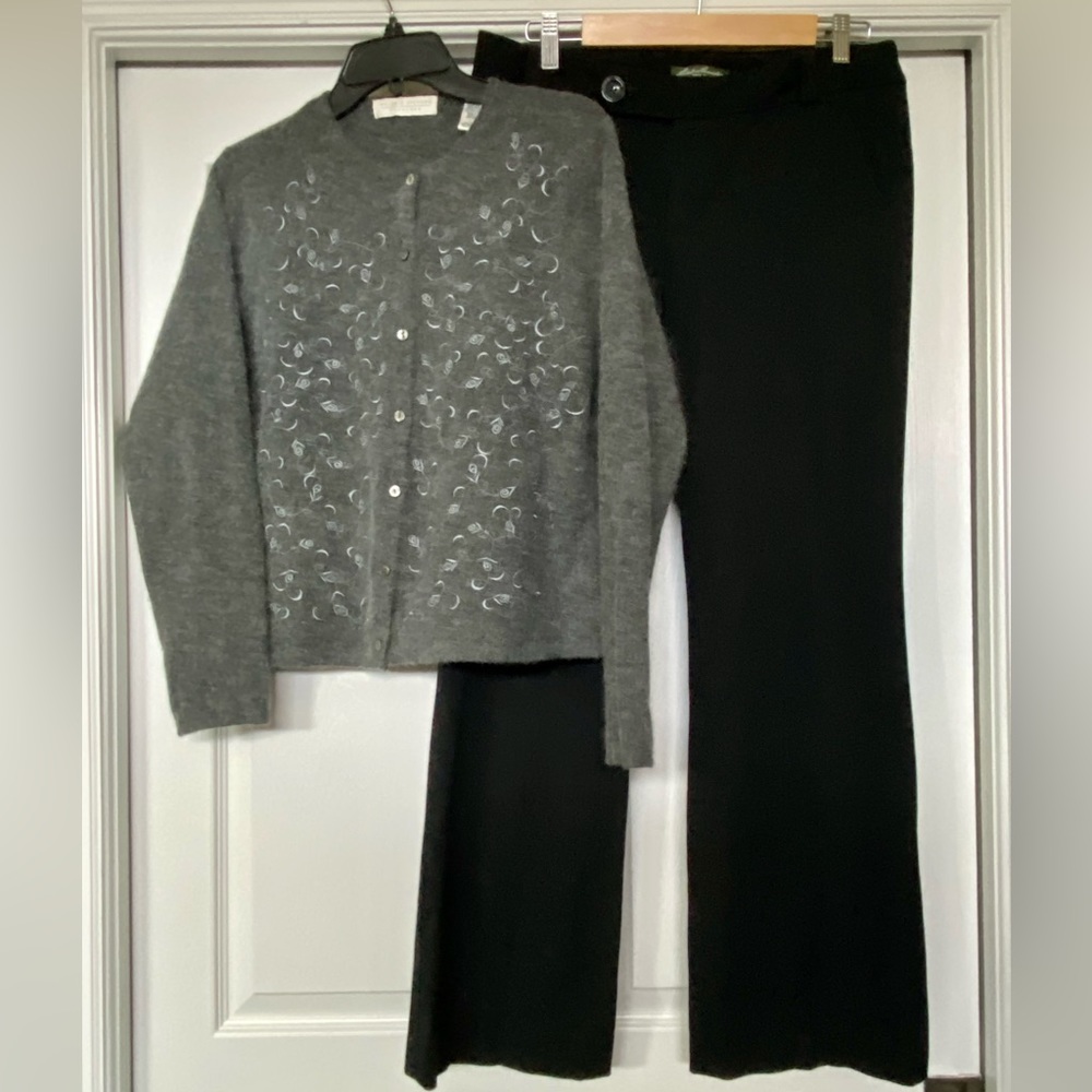 Large, gray, Valerie Stevens, Lambswool and Angora cardigan.